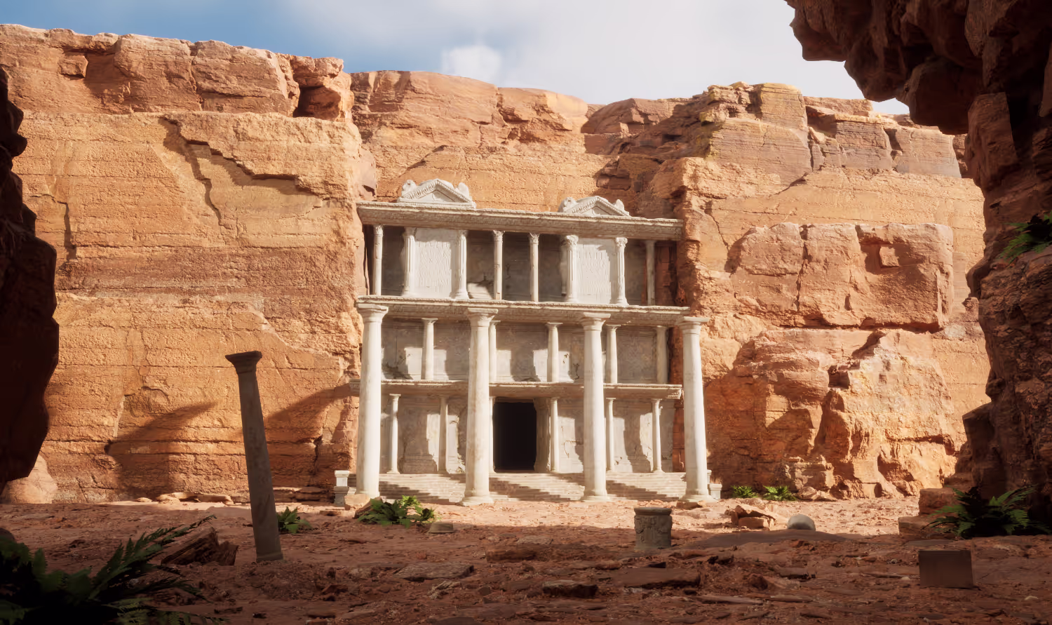 The Temple of Light built into a sunlit sandstone canyon.