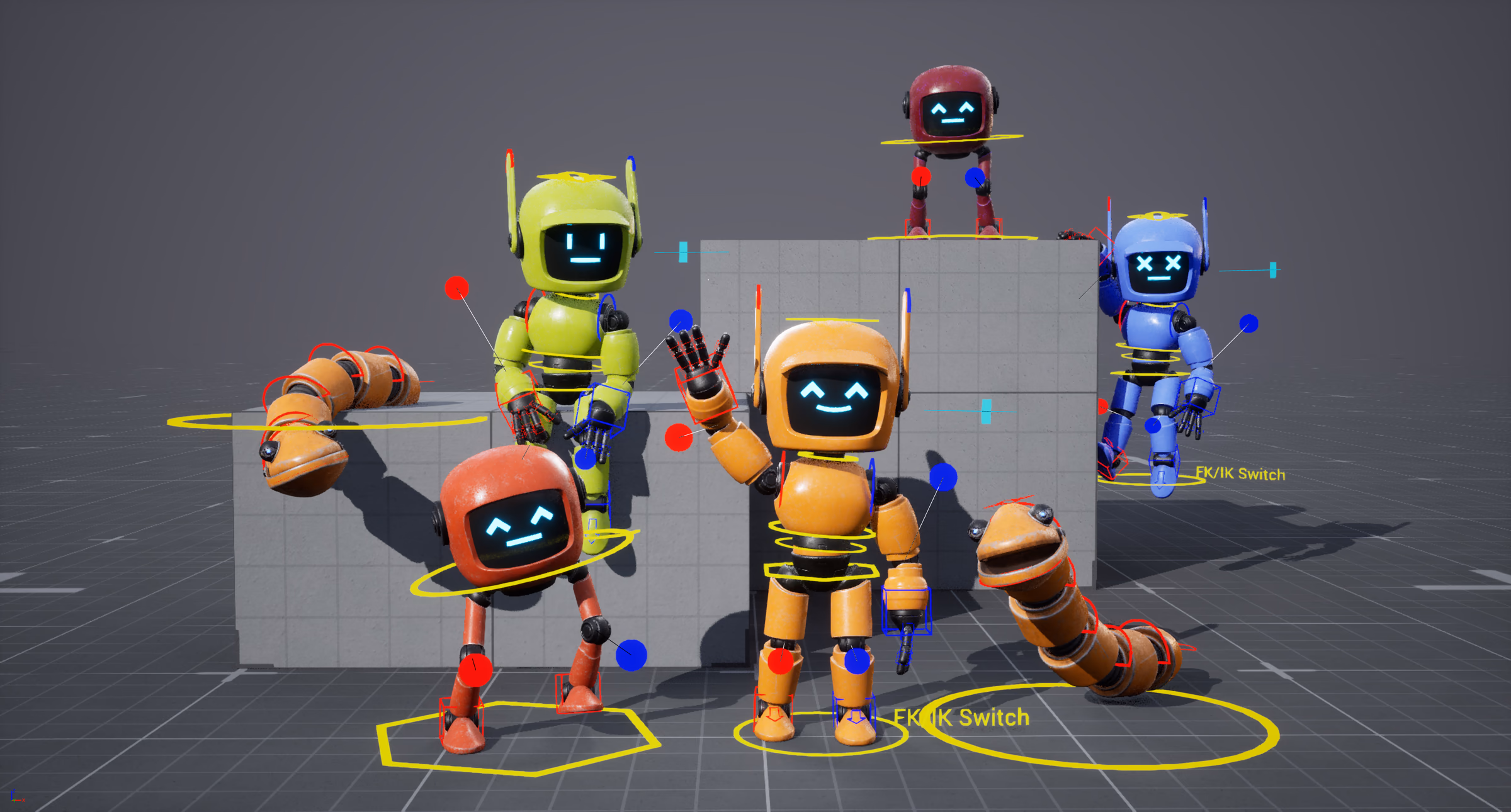 Colorful robots posed with Control Rig handles in Unreal Engine.