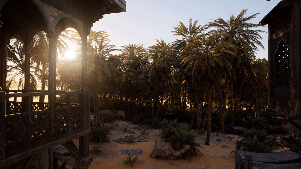 Sunlight streams through palm trees between ornate buildings in a desert courtyard.