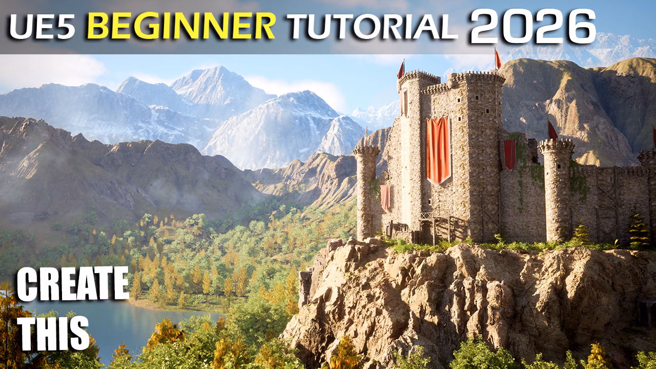 UE5 Beginner Tutorial 2026: a stone castle overlooking a mountain valley, with the words Create This.