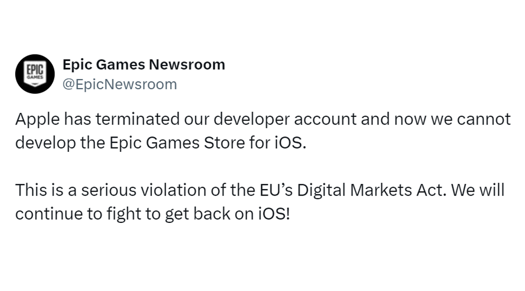 An Epic Games Newsroom post stating that Apple terminated its developer account and blocked development of its iOS store.