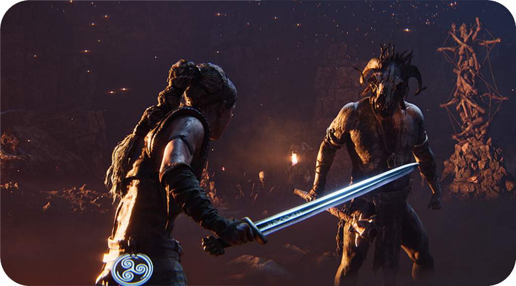 Senua holding a sword during a dark combat scene in Hellblade II.