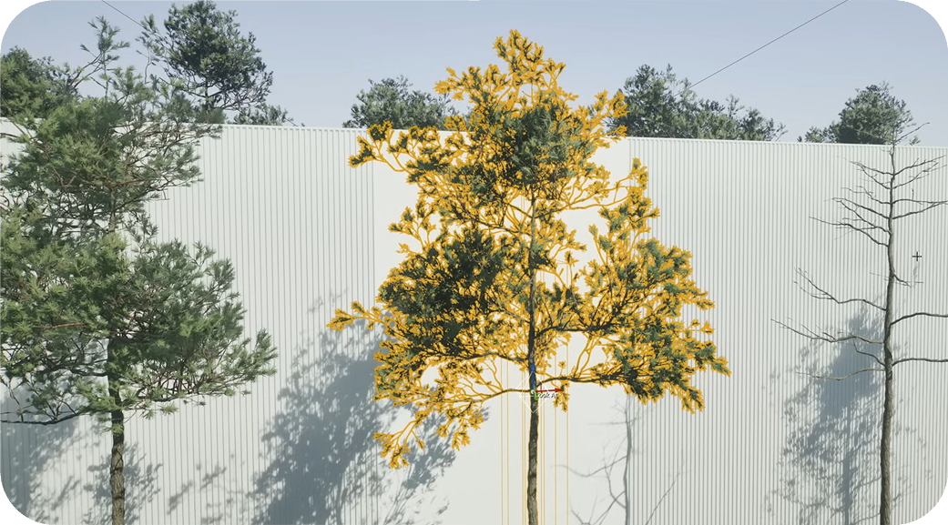 Trees with different shapes and leaf colors displayed in an Unreal Editor test scene.