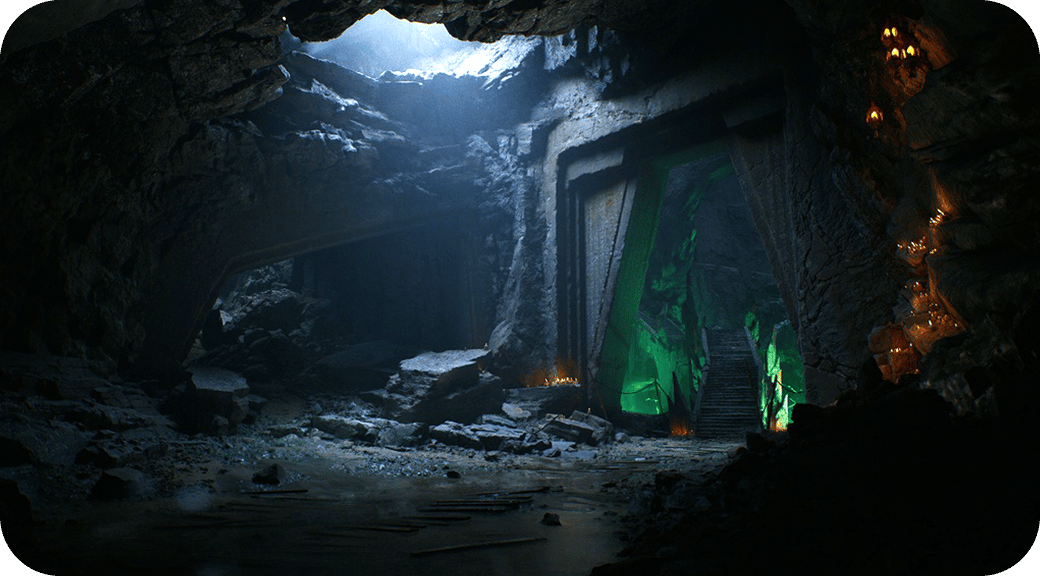 A ruined underground chamber lit by daylight through a broken ceiling and glowing green crystals.