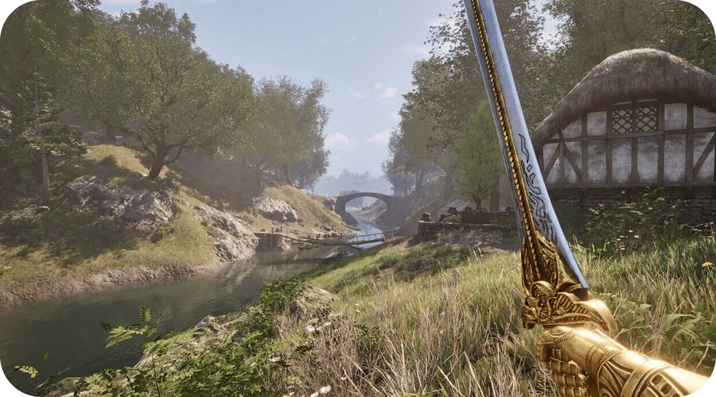 A first-person view of a sword beside a river and timber-framed house in the Oblivion remake.