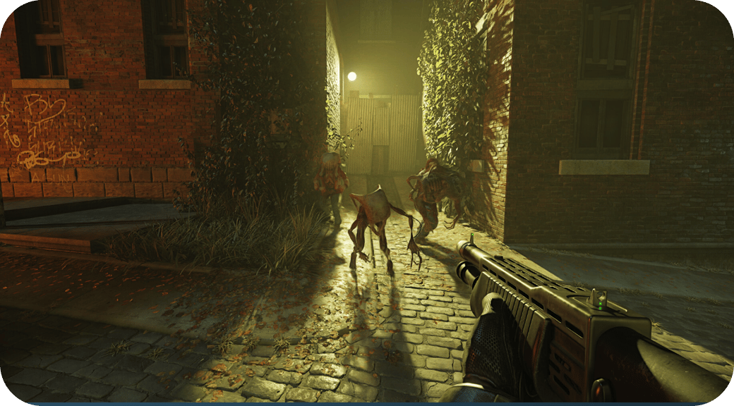 A first-person view down a dim, overgrown street in Half-Life 2 RTX.
