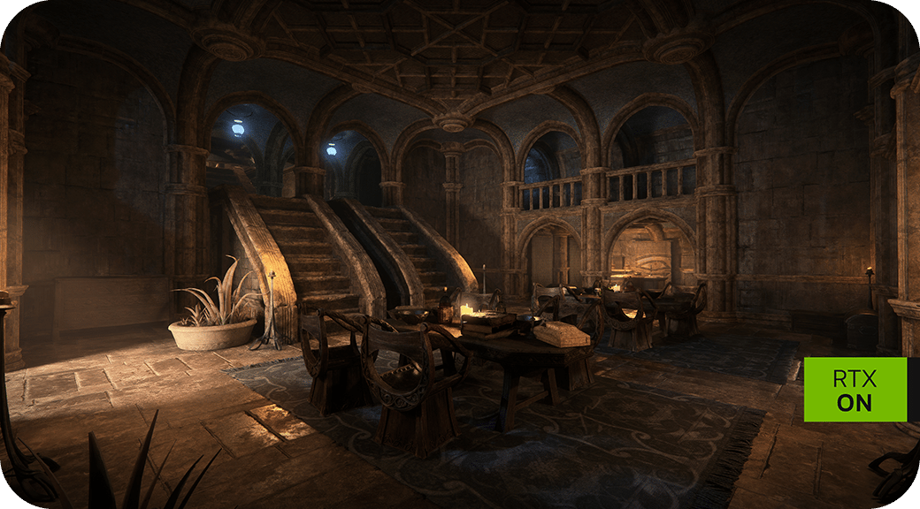 A grand stone interior from Morrowind with RTX lighting enabled.