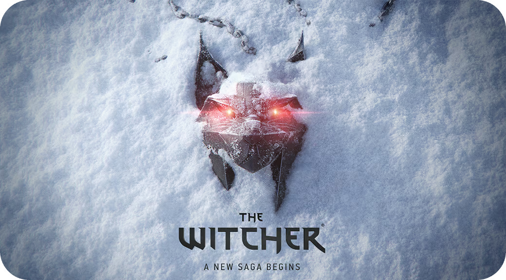 A Witcher medallion partially buried in snow beneath the words A New Saga Begins.