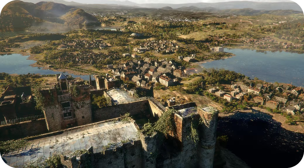 A sprawling procedurally generated town and landscape beside a lake.