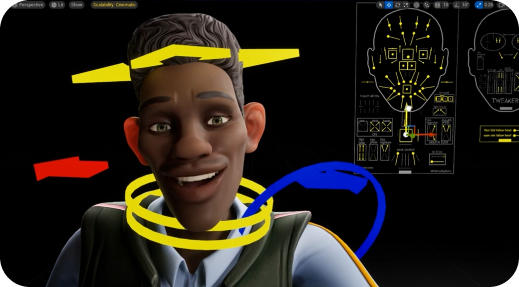 A character’s head surrounded by facial rig controls and directional arrows.