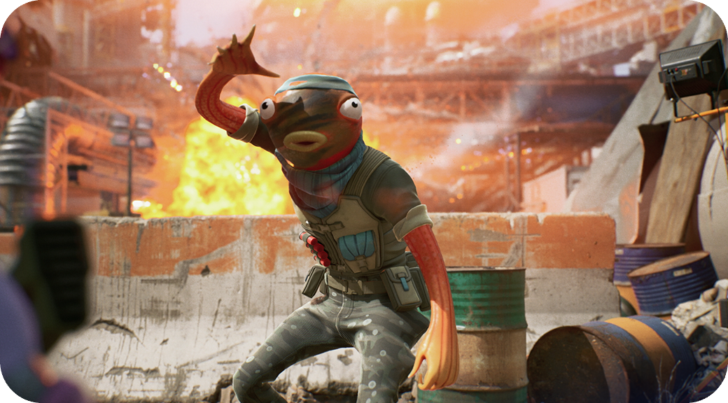 A Fortnite fish character in a battle scene with an explosion behind it.
