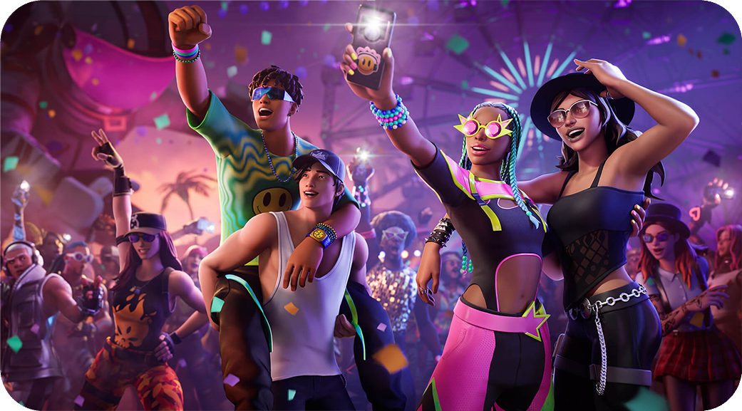 Fortnite characters celebrating beneath colorful lights.