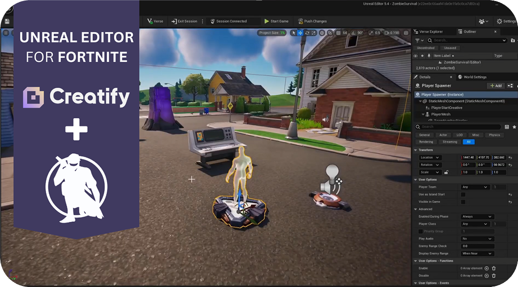 The Unreal Editor for Fortnite showing a suburban scene and the Creatify logo.