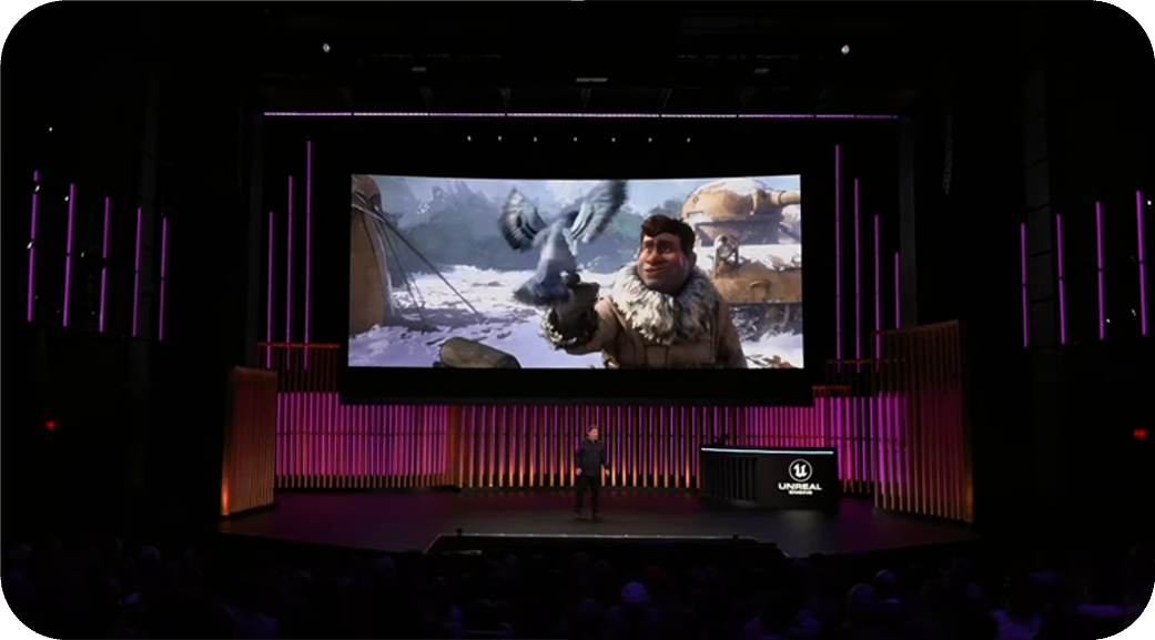 The State of Unreal stage showing a character and landscape demonstration.