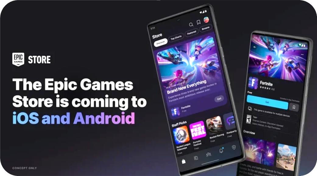 An announcement that the Epic Games Store is coming to iOS and Android, beside two phones.