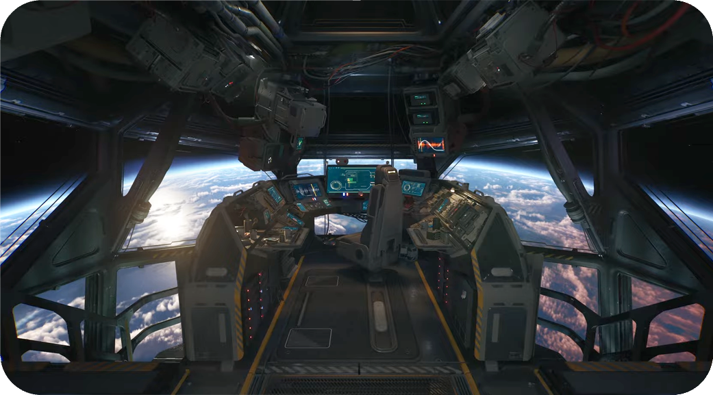 The detailed science-fiction cockpit of the Talisman environment.