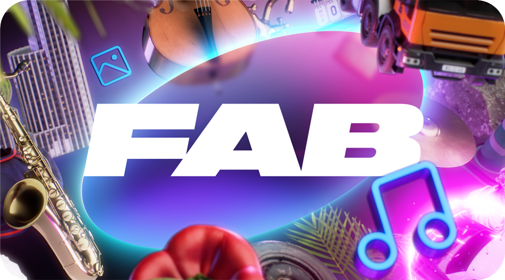 The Fab logo surrounded by colorful digital assets.