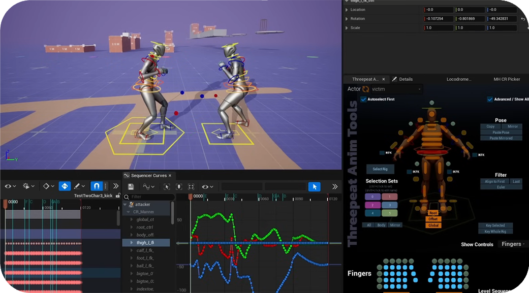 The Unreal Editor showing animated characters, a timeline, animation curves, and a control graph.