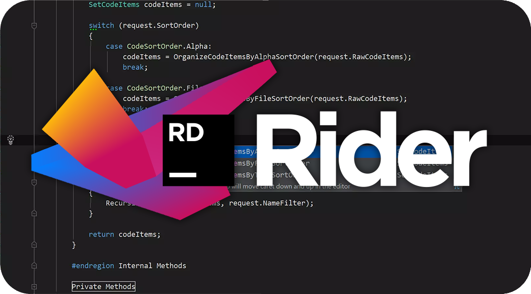 The JetBrains Rider logo over a code editor.