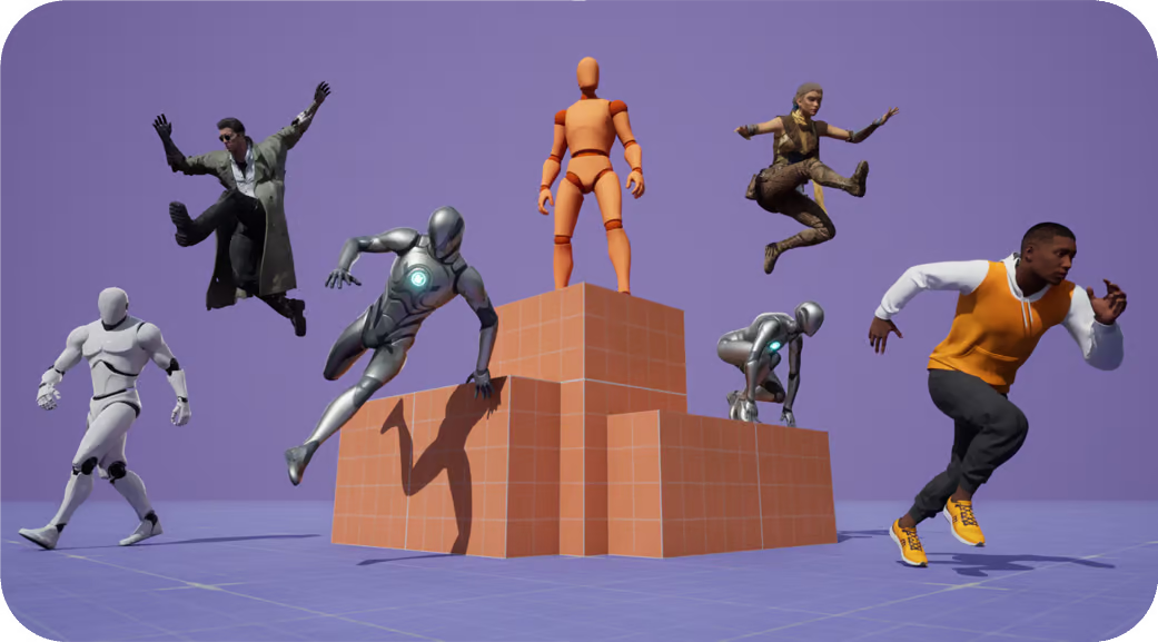 Characters running, jumping, and posing around blocks in the Unreal Engine motion-matching sample.