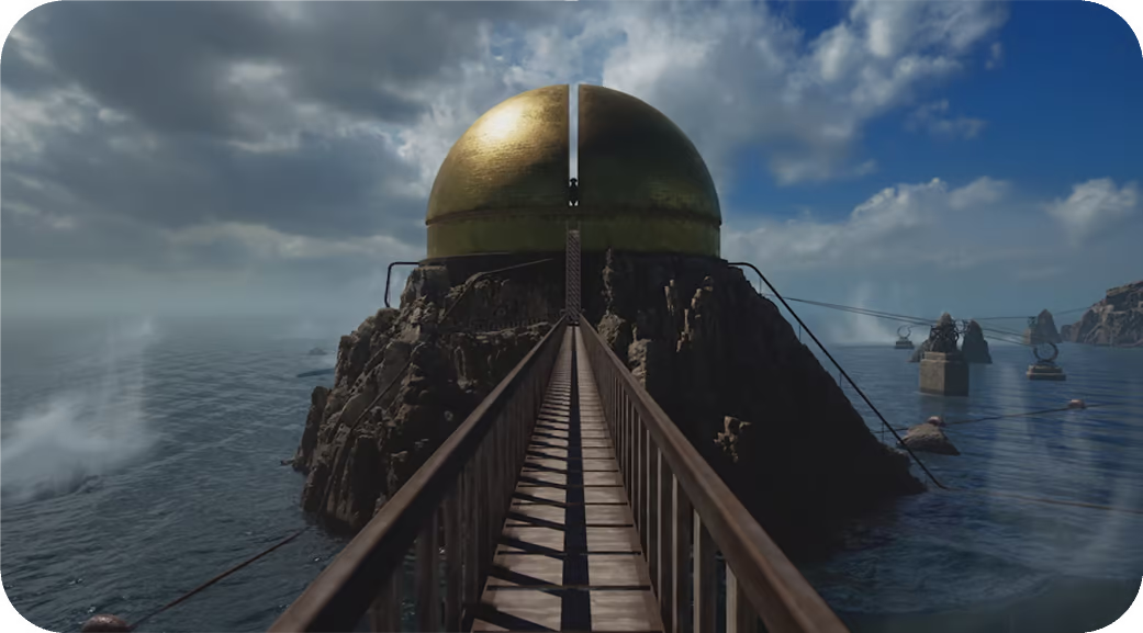 A walkway leading to a large golden dome above the sea in Riven.