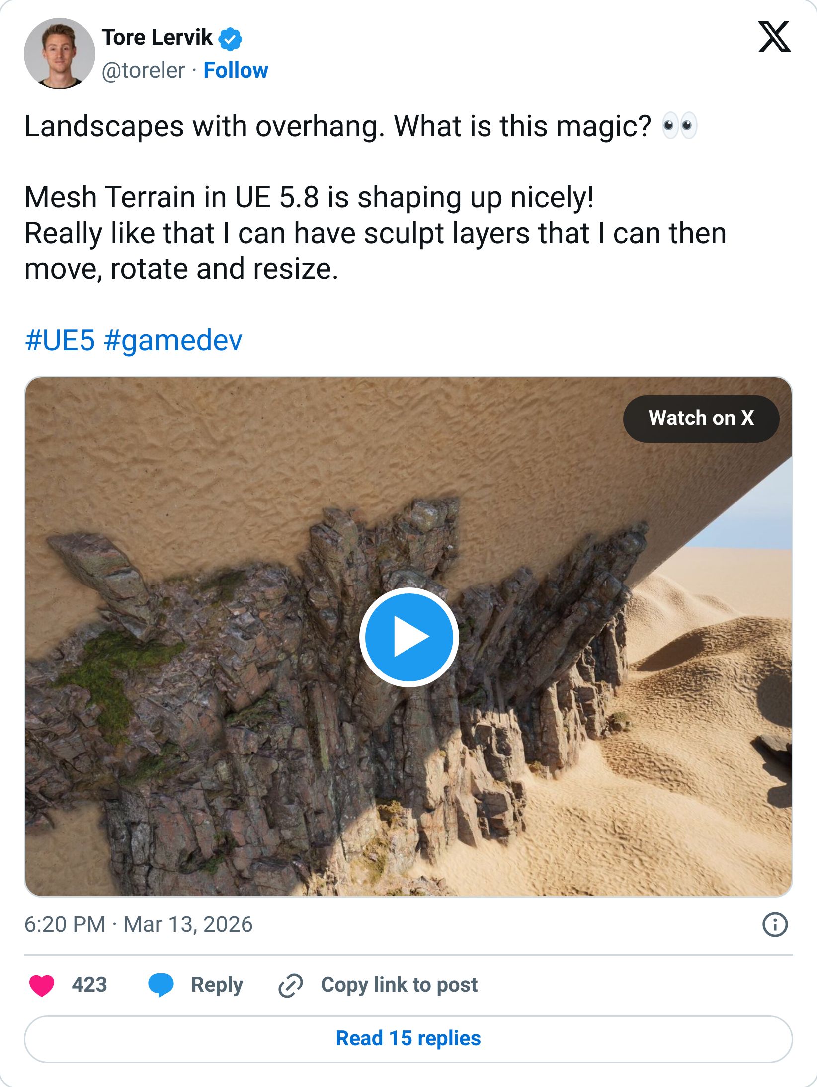 A developer post showing a mesh terrain test with a rocky canyon cut into a flat landscape.