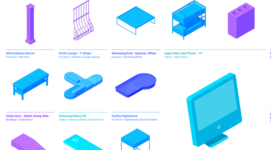 A Dimensions reference grid of furniture and architectural objects with measurements.