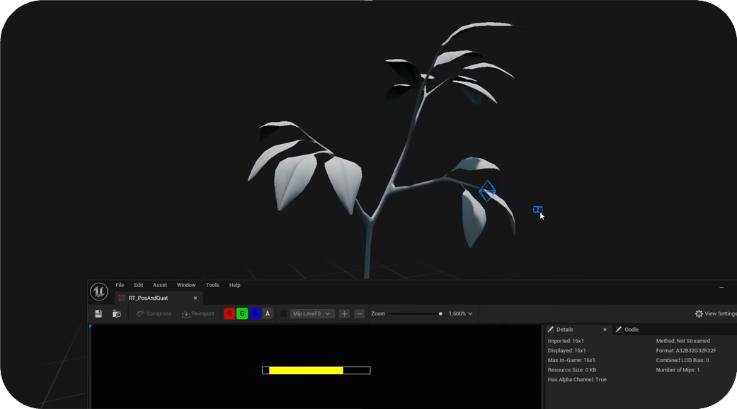 A plant model and interactive foliage controls in an Unreal Editor viewport.