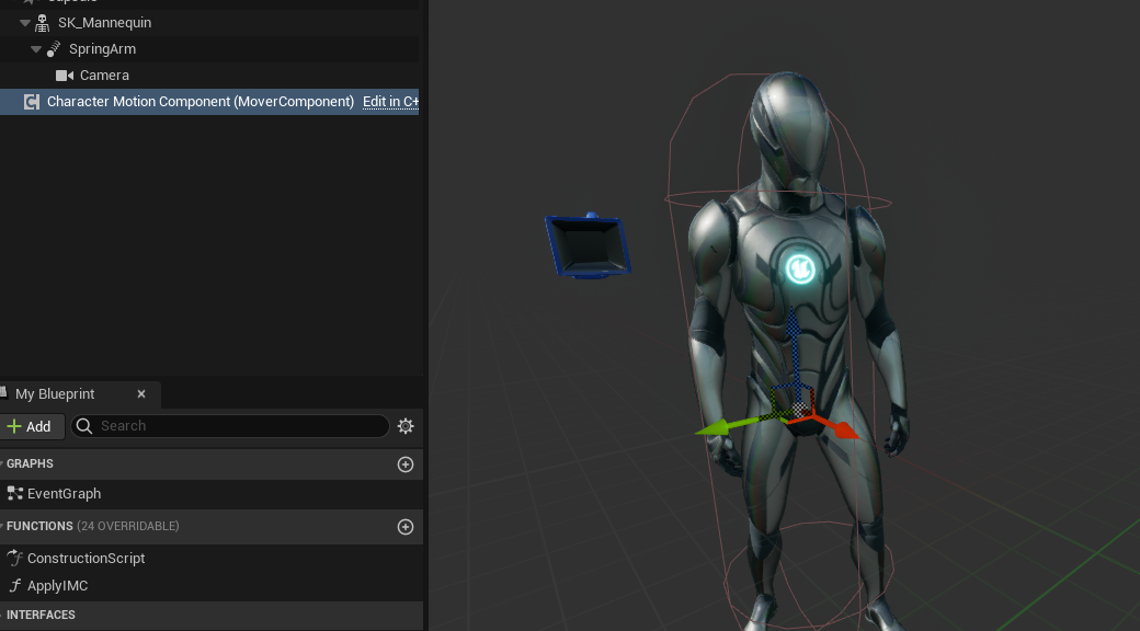 An Unreal Editor character view showing rig controls and the character-movement component.