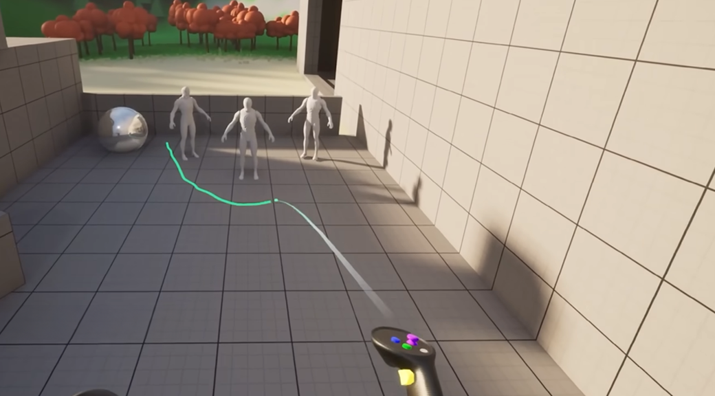 A virtual-reality test environment with controllers, a motion arc, and mannequin characters.