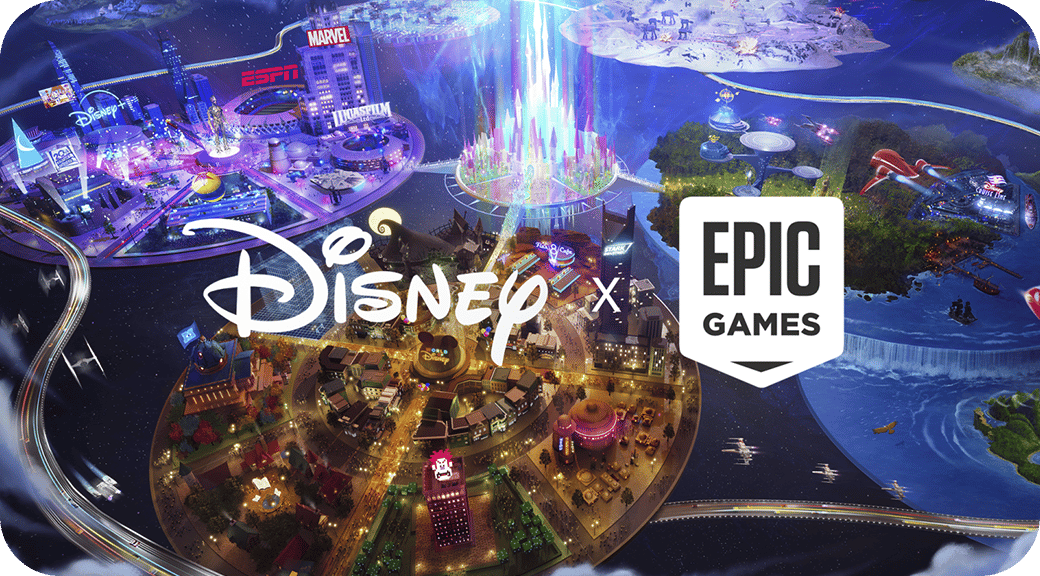 A colorful virtual world with Disney and Epic Games logos.