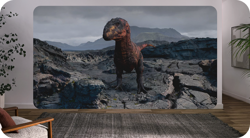 A dinosaur experience displayed in a large virtual window in a living room.