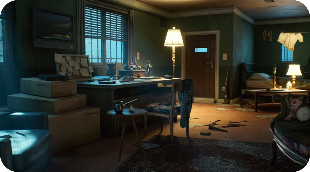 A warmly lit adventurer’s study containing books, maps, a desk, and lamps.