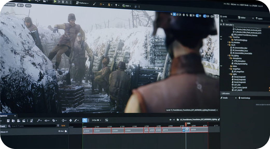 A scene from War Is Over! displayed inside the Unreal Editor with its animation timeline.