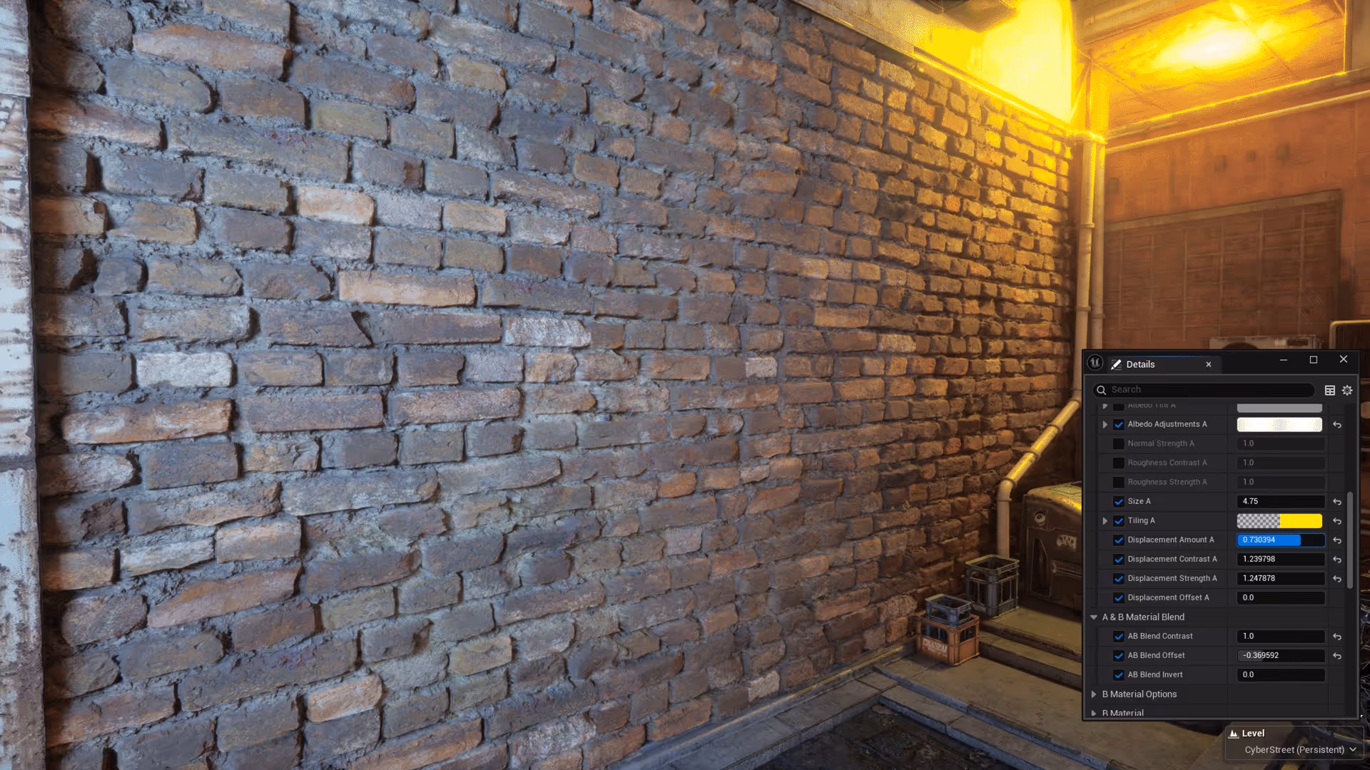 A brick wall with visible surface displacement in the Unreal Editor.