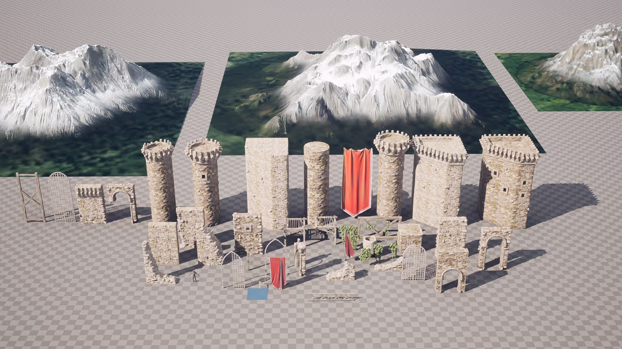 A collection of modular stone architecture and mountain landscape assets in the Unreal Editor.
