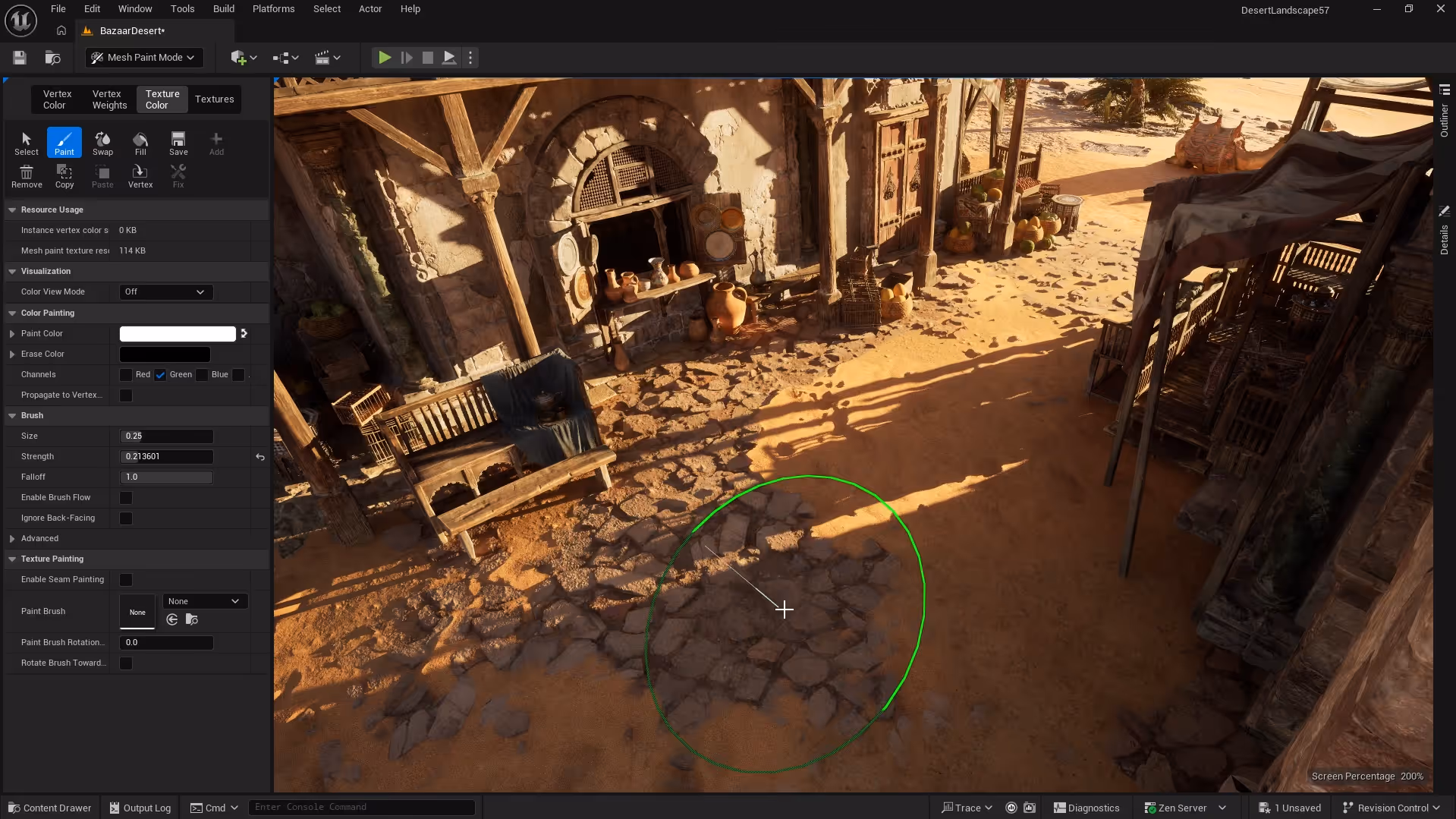 Material painting on a stone courtyard and buildings in the Unreal Editor.